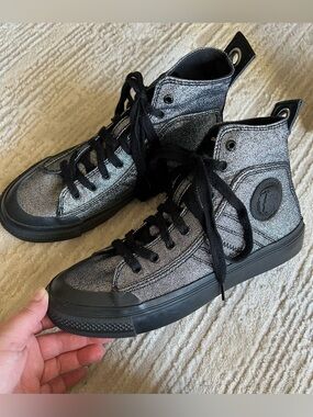 Diesel High-Top Metallic Silver Canvas Sneakers with Black Trim